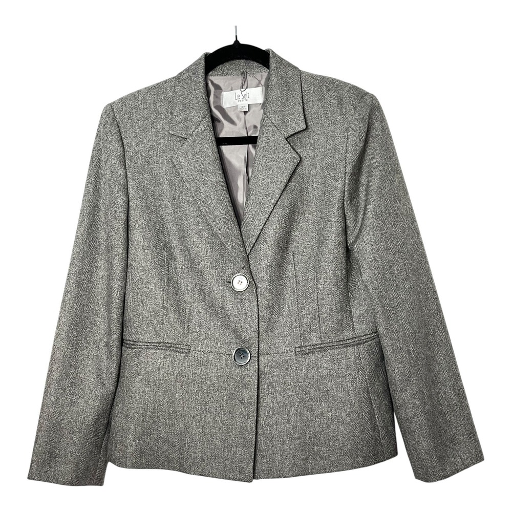 Le Suit Petite Womens Grey Herringbone Two Button Blazer Jacket Size 10P